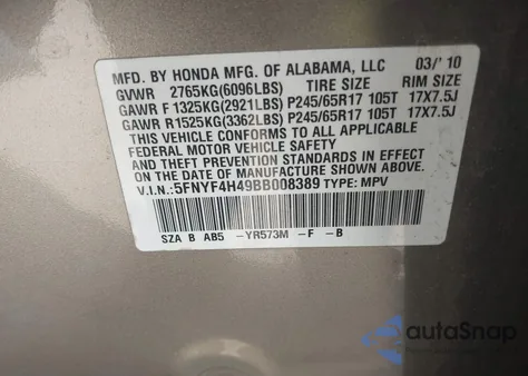 2011 Honda Pilot Ex from USA, damaged, VIN 5FNYF4H49BB008389